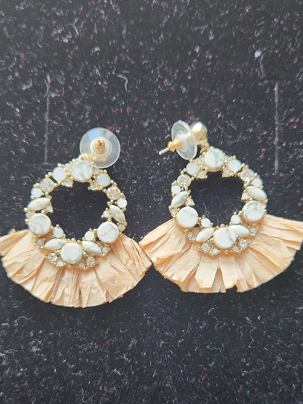 Gold and Cream Raffia Hoop Earrings - Women Jewelry